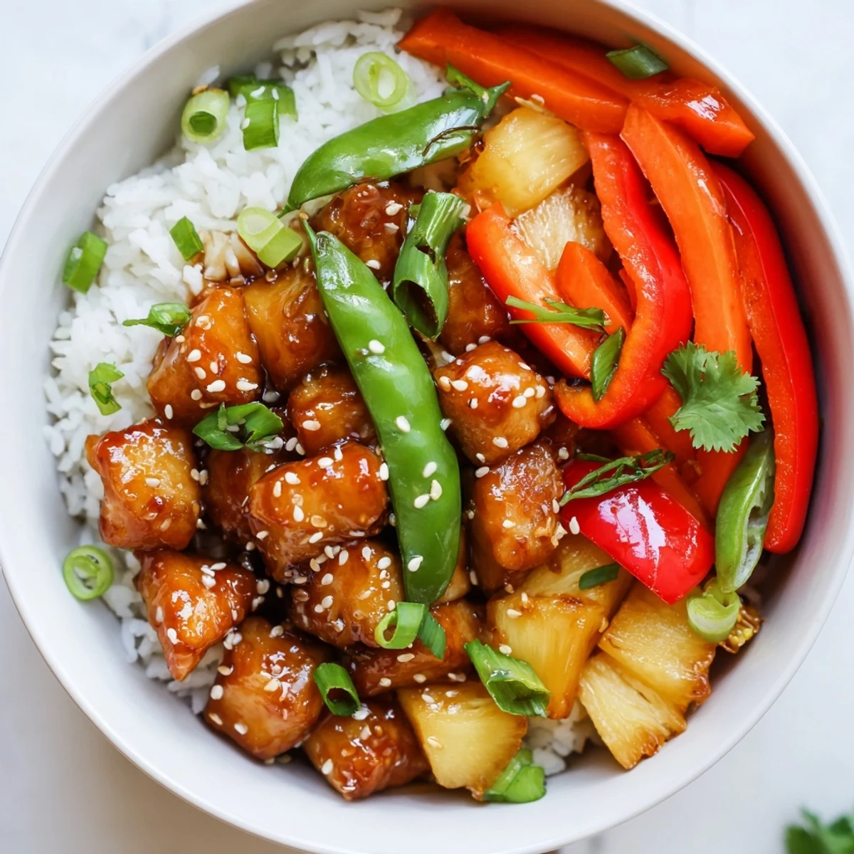 Golden caramelized pineapple chicken served over steamed jasmine rice in a bowl