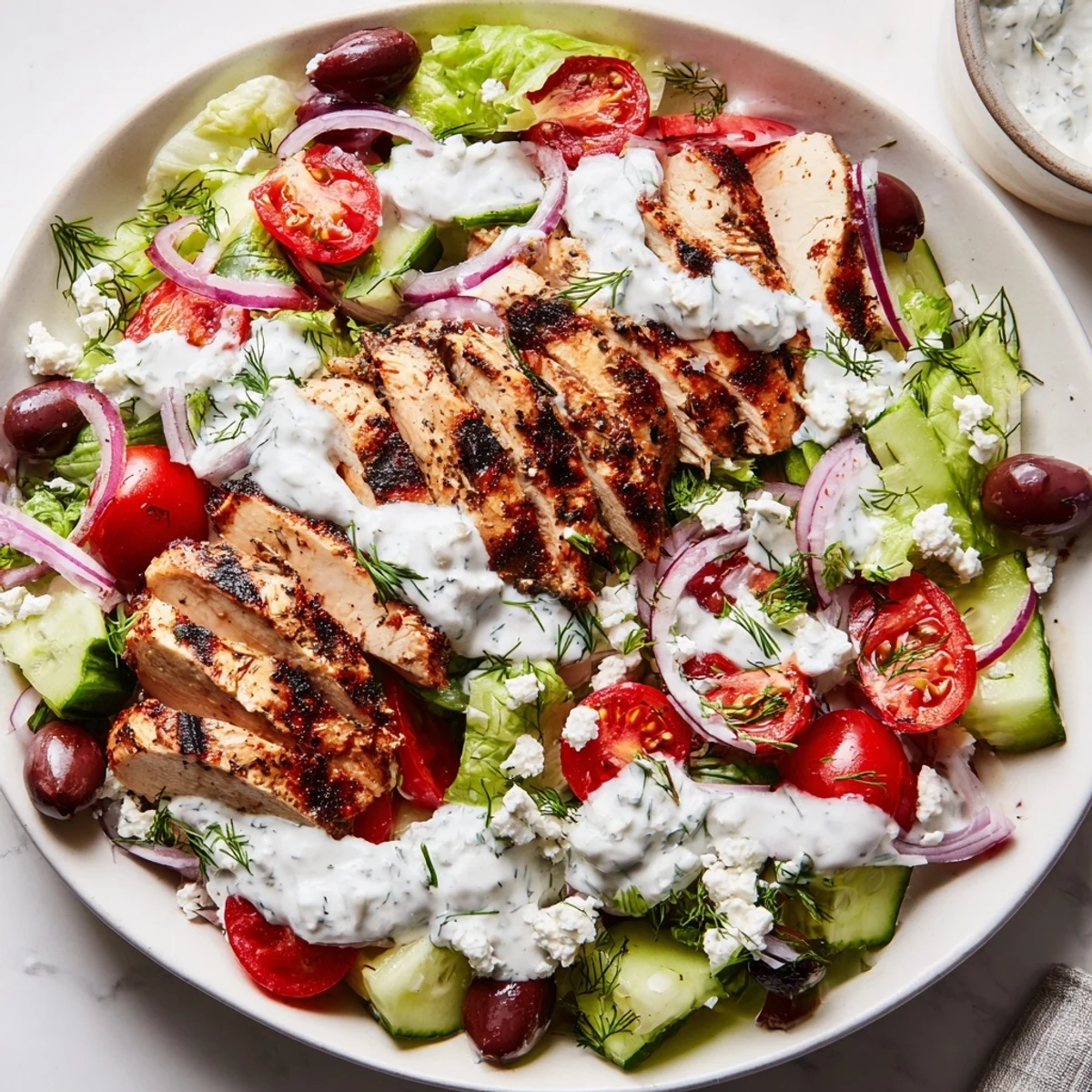 Juicy grilled chicken slices atop a crisp Greek Chicken Salad with Creamy Whipped Feta Dressing