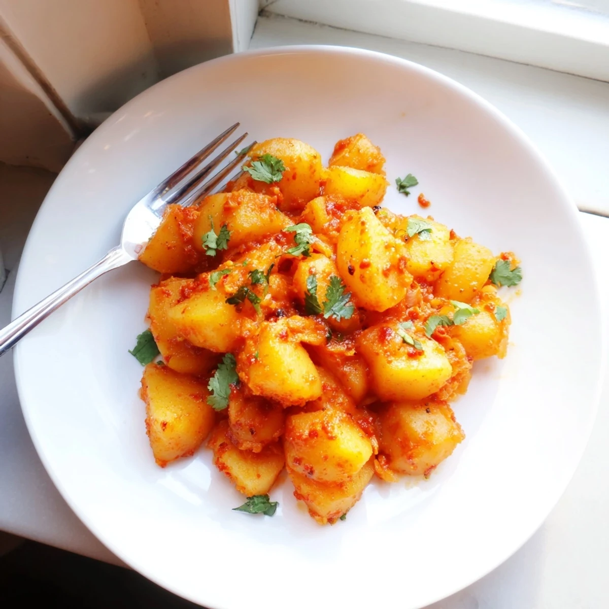 Golden papas con chile simmered in a mildly spicy sauce with tender potatoes