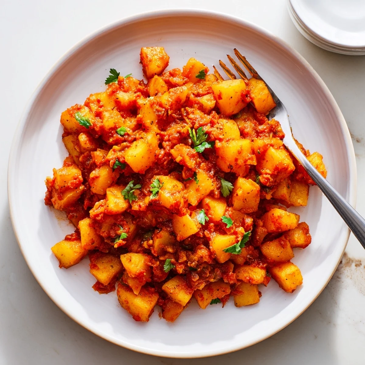 Creamy papas con chile served steaming hot with vibrant red tomato and jalapeño