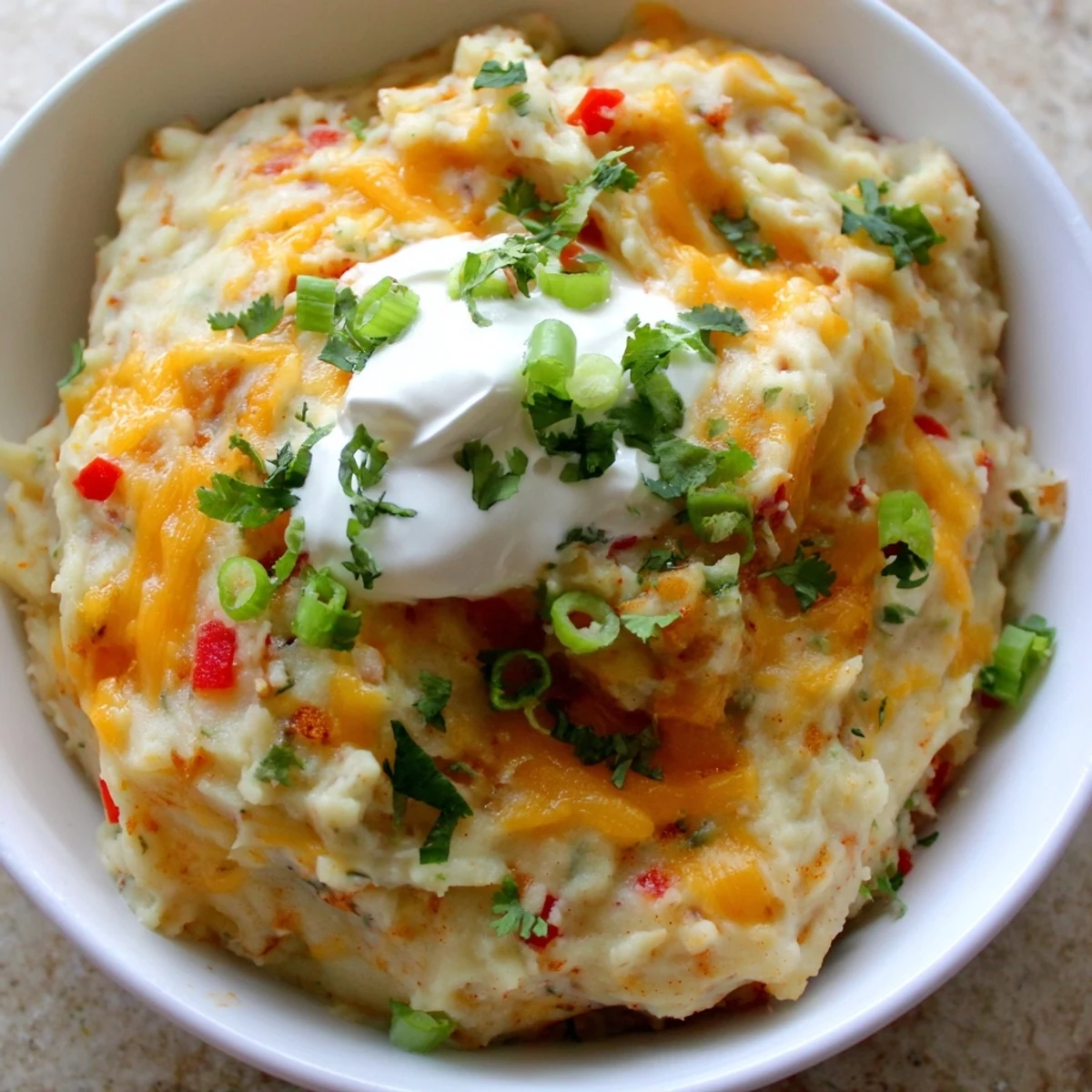 Creamy Tex Mex mashed potatoes topped with cilantro and melted cheddar cheese