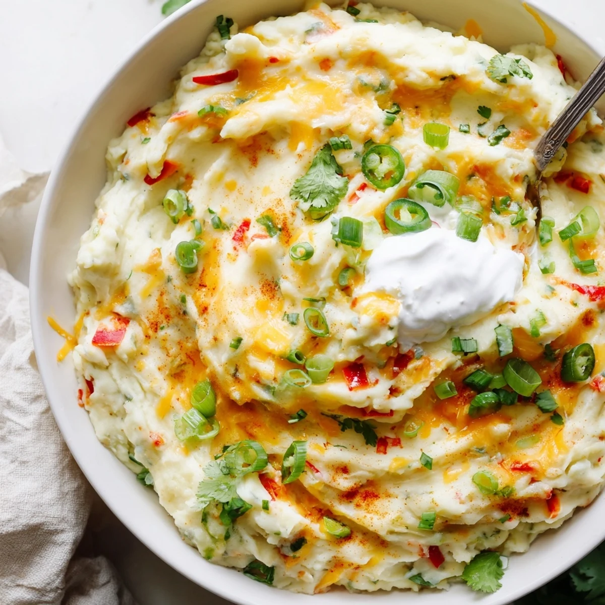 Smooth Tex Mex mashed potatoes studded with jalapeño and colorful bell peppers