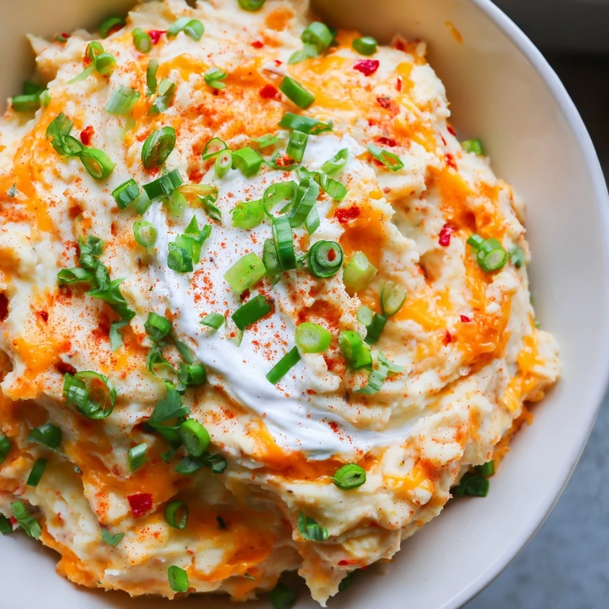 Golden Tex Mex mashed potatoes served in a bowl with fresh green onion garnish