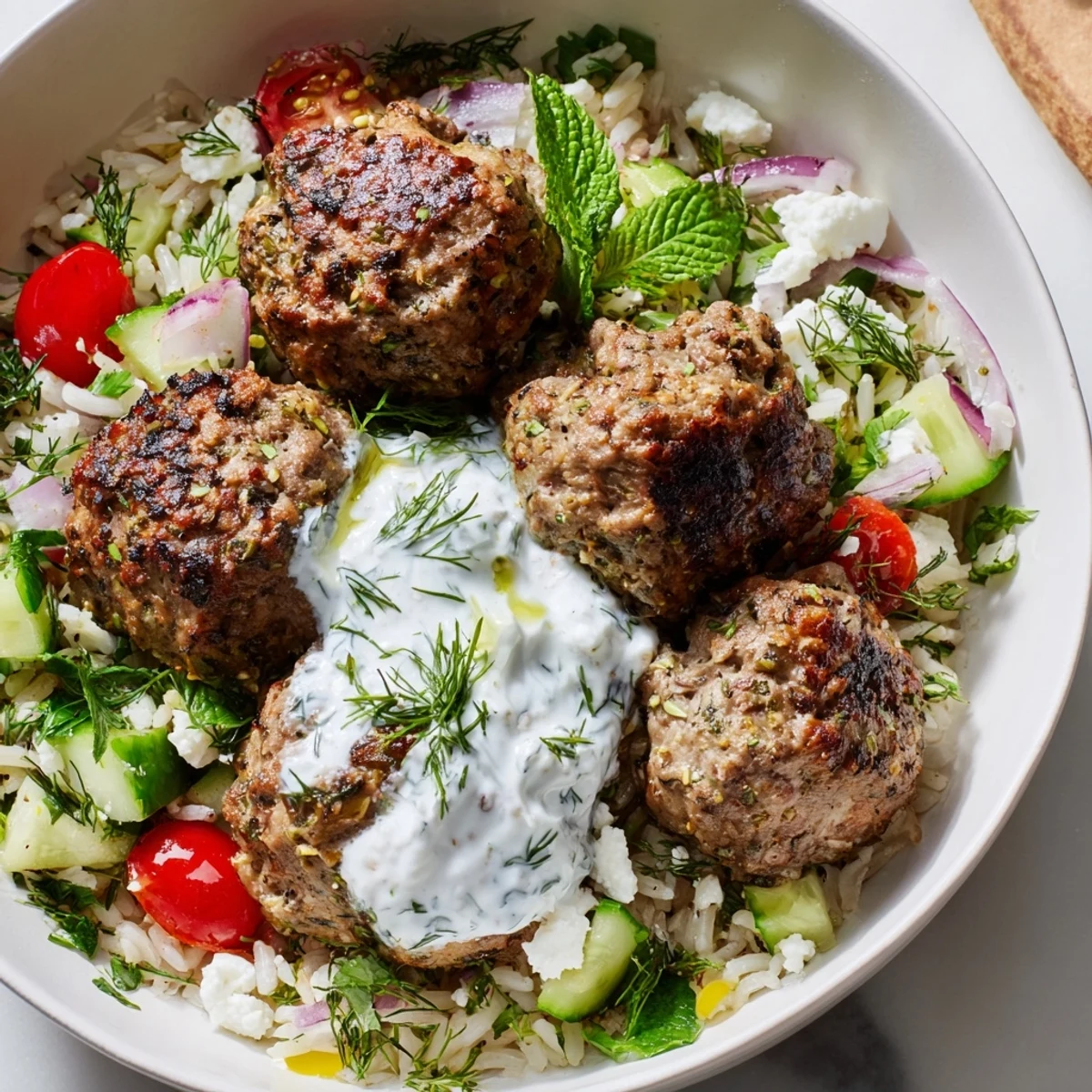 Golden za'atar turkey meatballs nestled over herbed rice with cool yogurt sauce