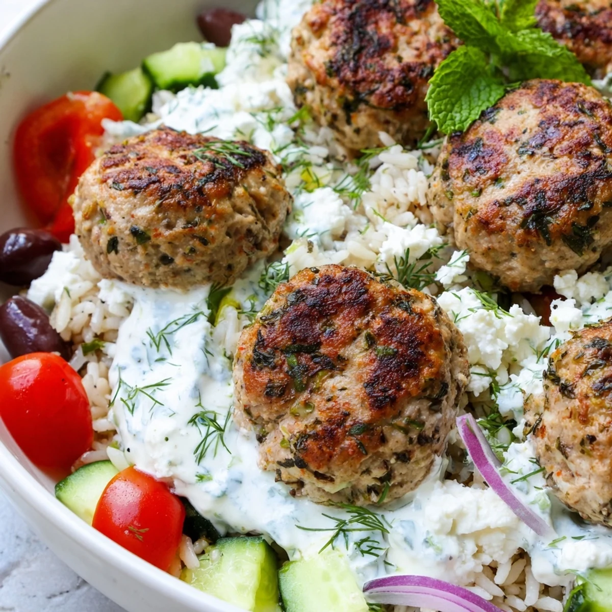 Crisp vegetables and juicy Mediterranean turkey meatballs in a colorful grain bowl