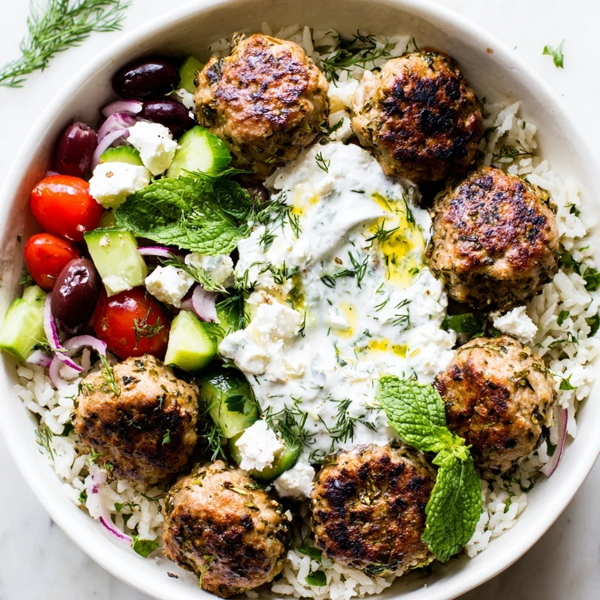 Creamy yogurt drizzled over spiced turkey meatballs with tomatoes cucumbers and olives