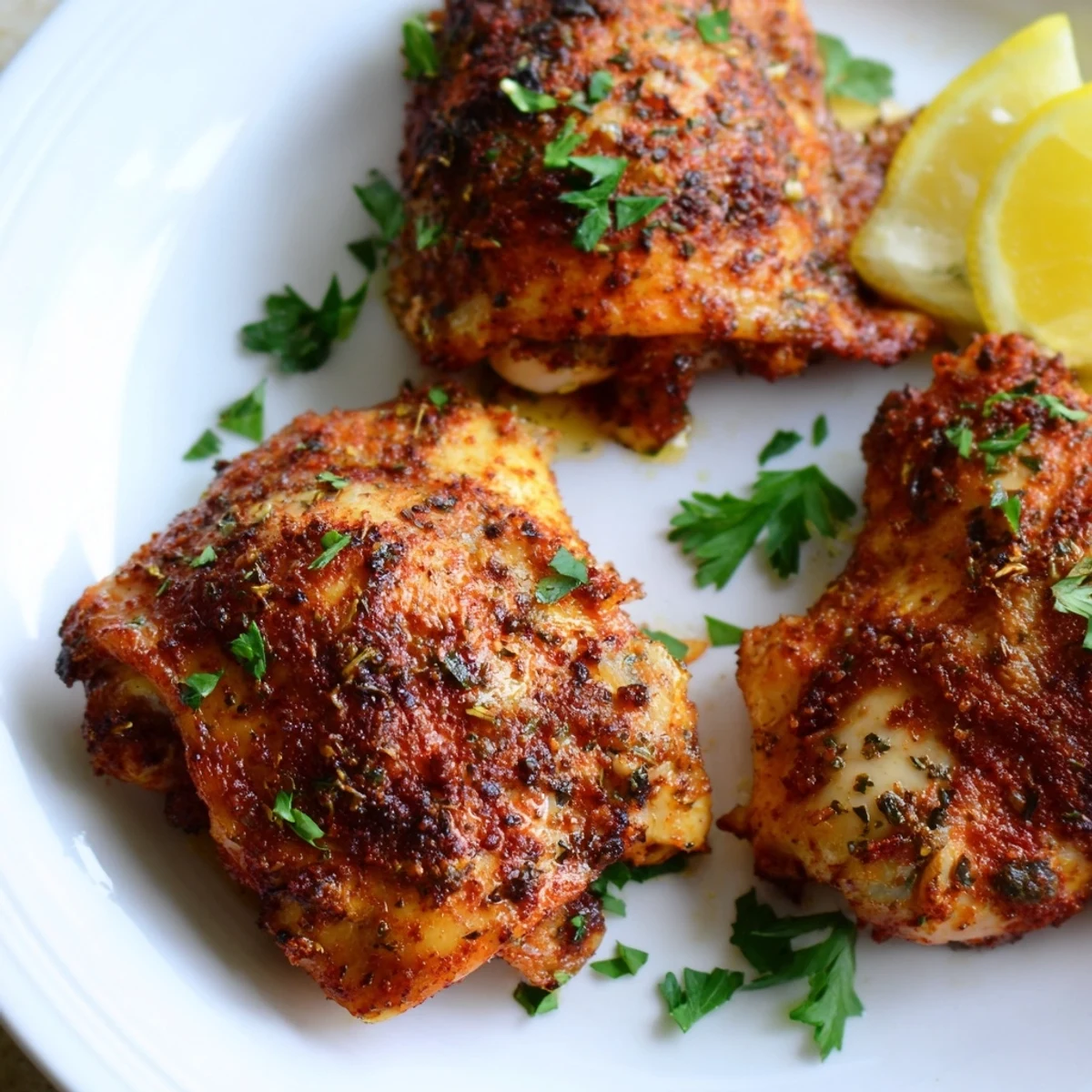 Juicy oven baked chicken thighs garnished with fresh parsley and lemon wedges