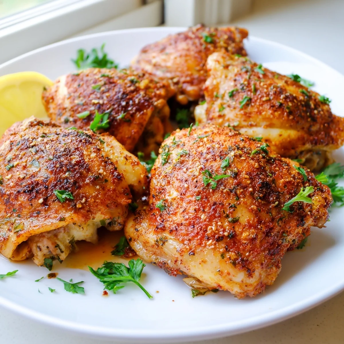 Golden crispy oven baked chicken thighs seasoned with smoked paprika on a baking sheet