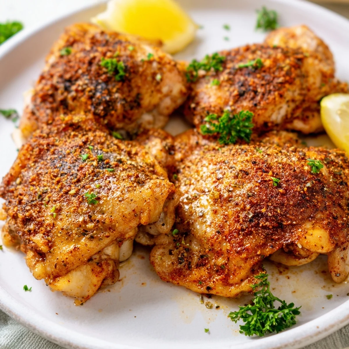 Perfectly roasted oven baked chicken thighs with crispy skin and aromatic herb seasoning