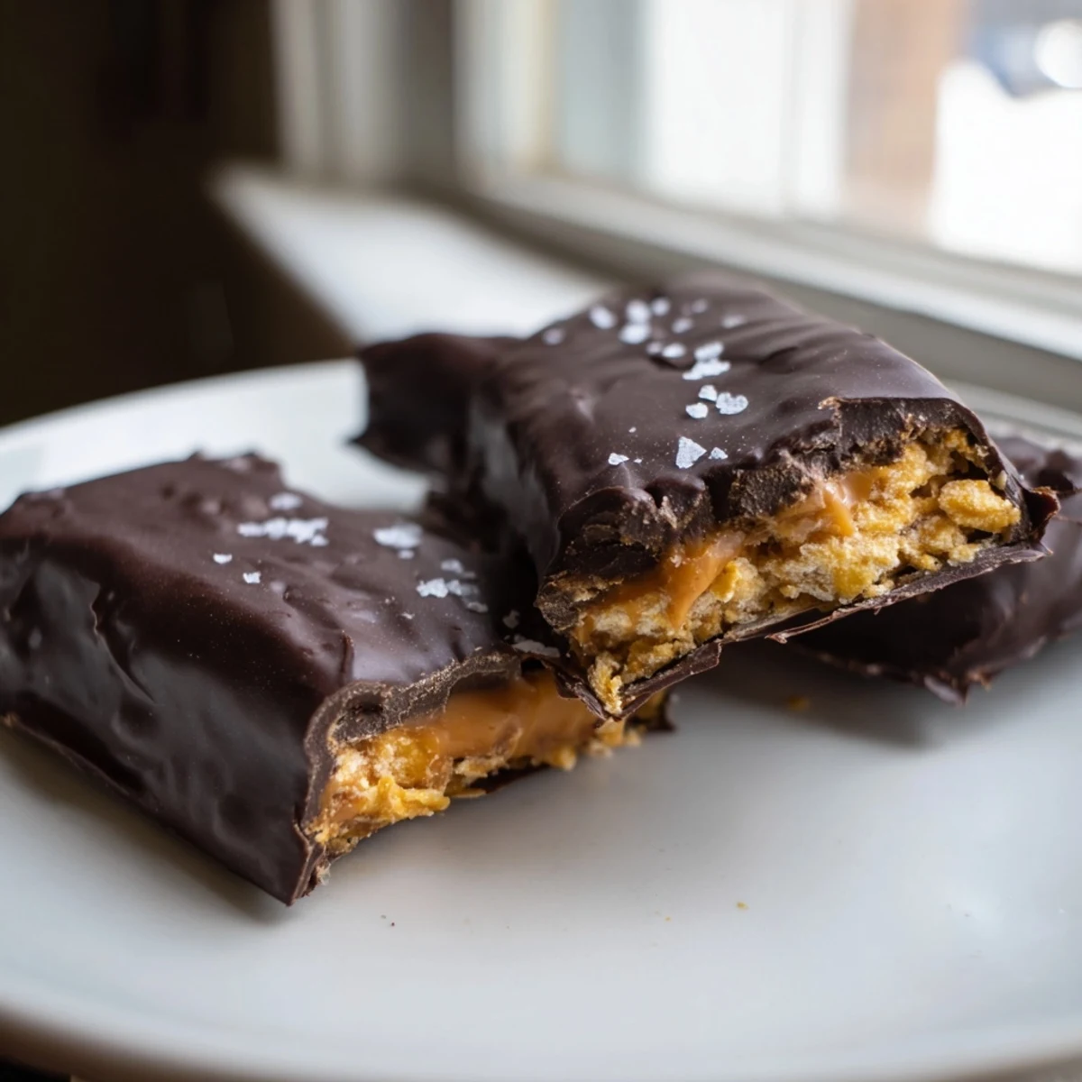 Glossy chocolate-dipped healthy homemade Butterfingers cut into bars on parchment paper