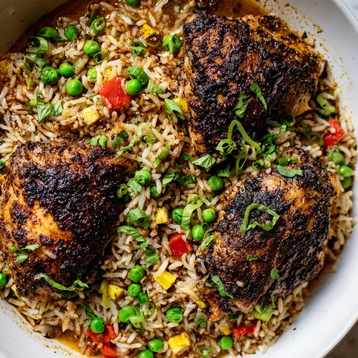Spicy jerk chicken rice garnished with cilantro and spring onions in skillet