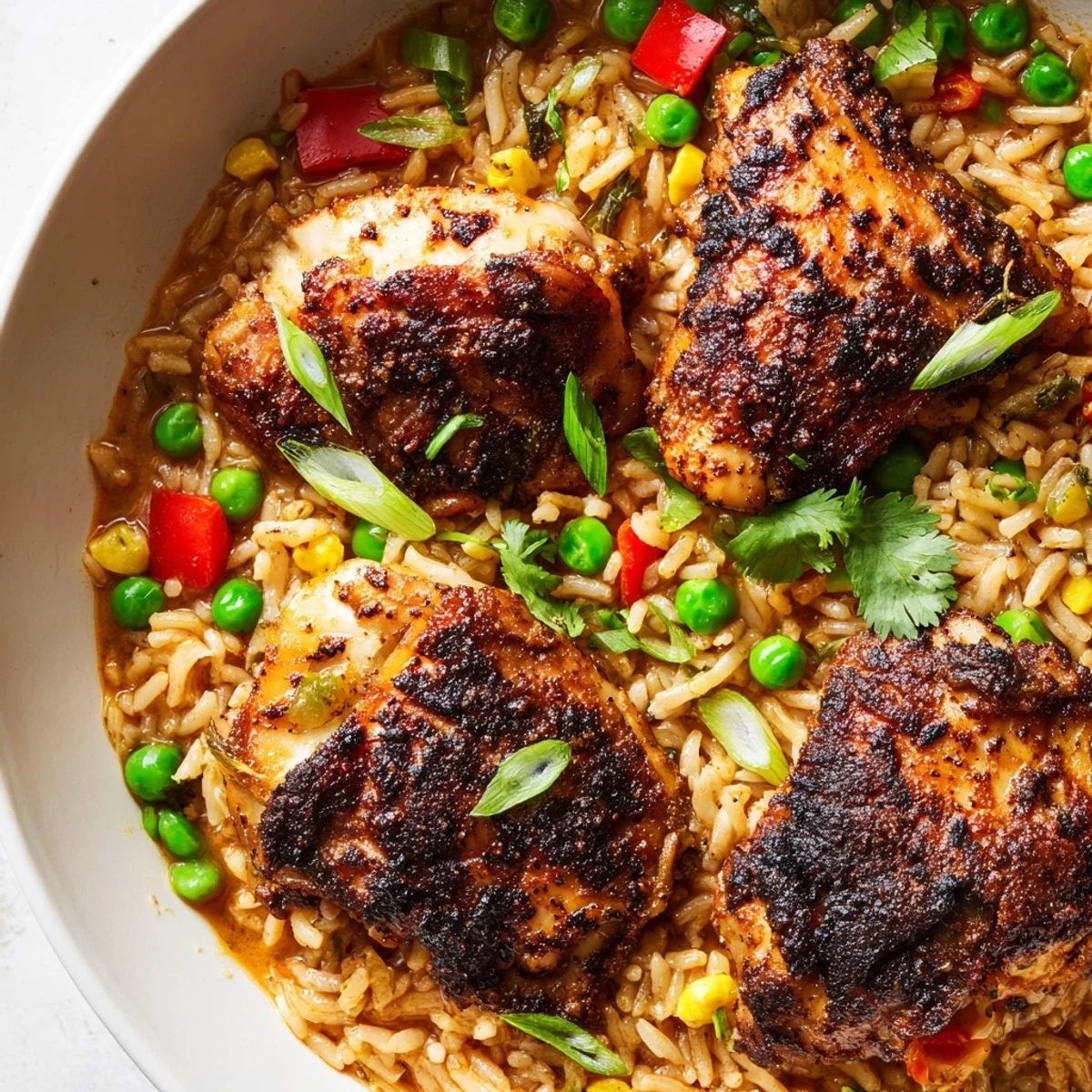 Golden jerk-seasoned chicken thighs nestled in fluffy coconut rice with bell peppers