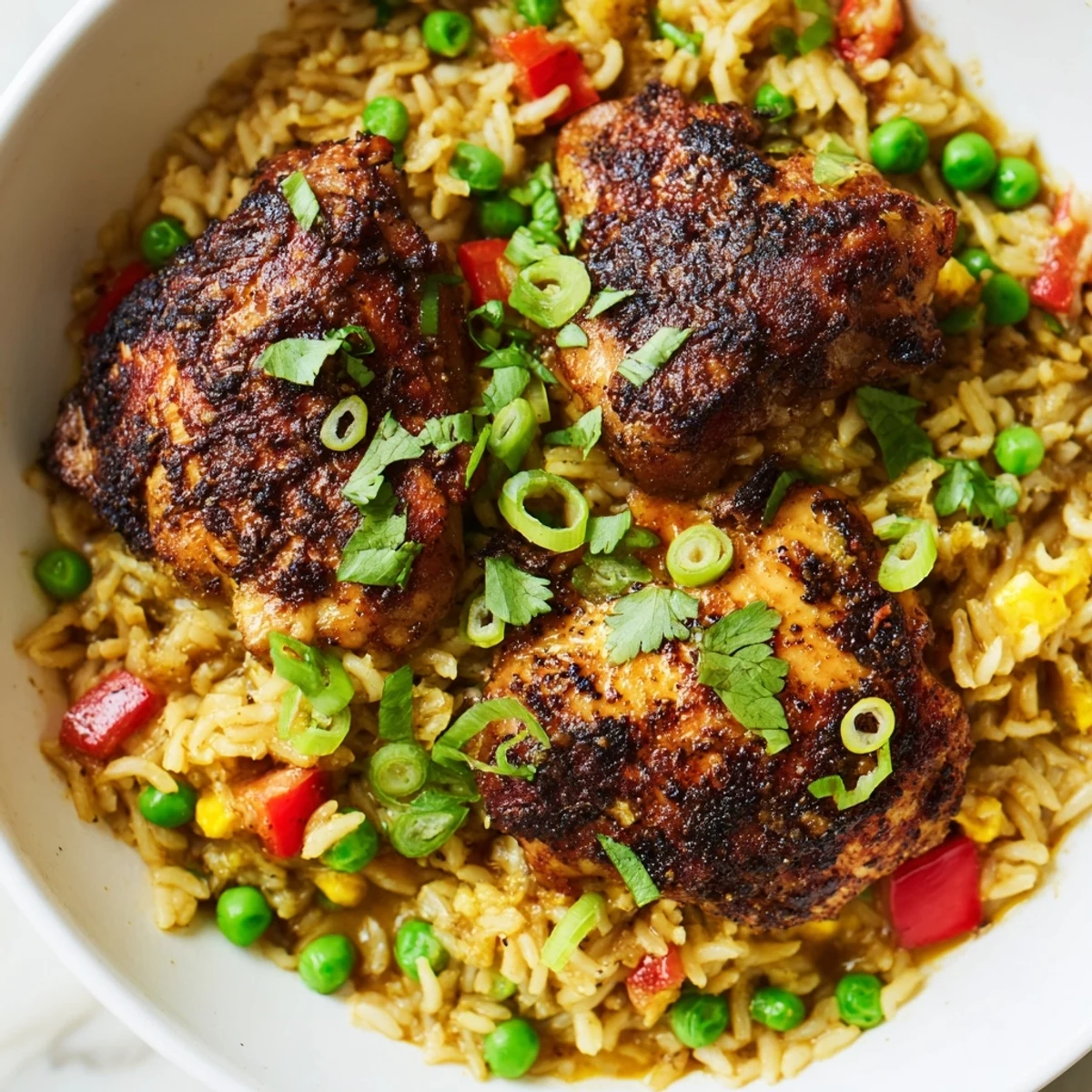 Spicy jerk chicken rice steaming in a Dutch oven topped with fresh herbs