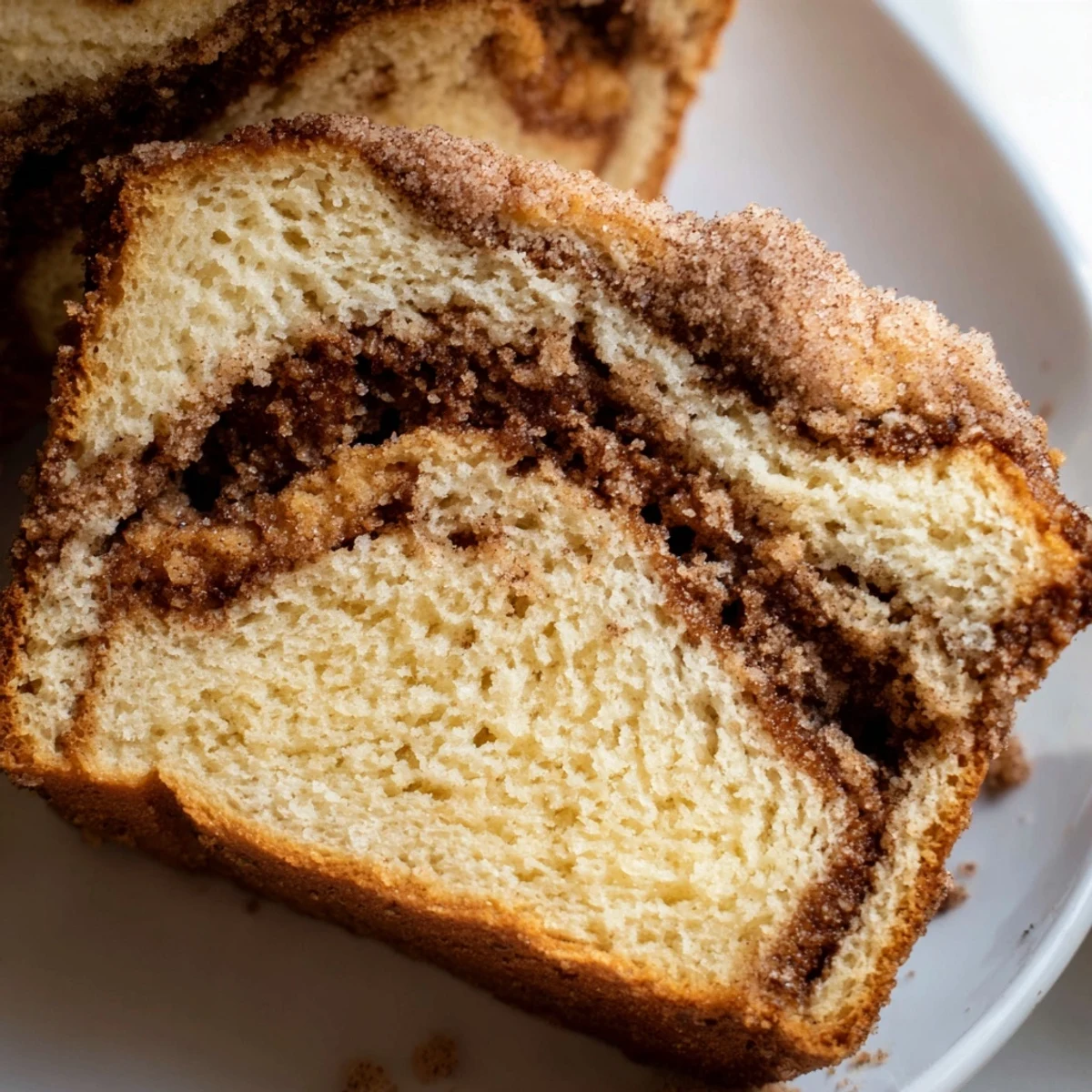 Moist cinnamon donut loaf revealing a tender swirled center on a rustic plate