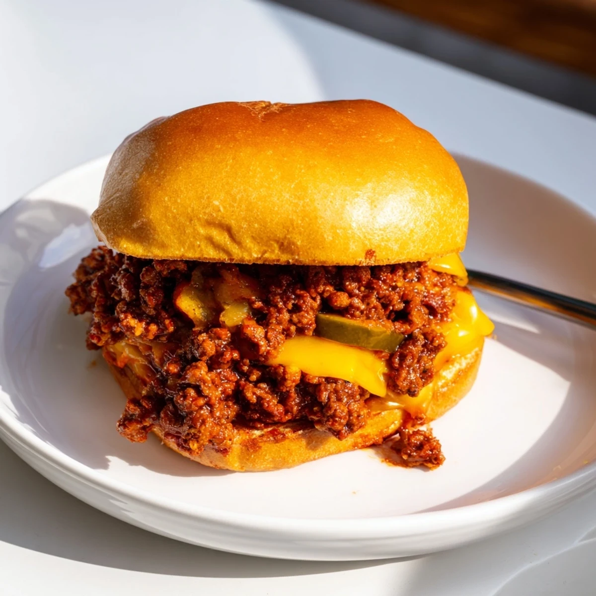 Steaming plate of Smash Burger Sloppy Joes dripping with savory beefy cheese sauce