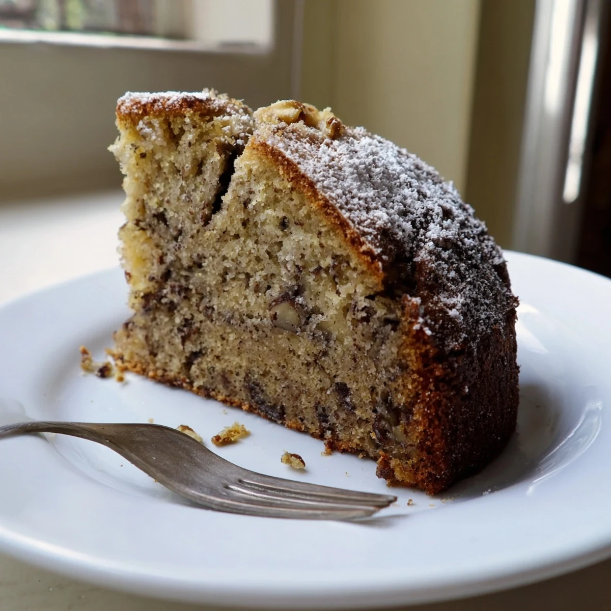 A golden banana cake slice dusted with powdered sugar on a rustic plate