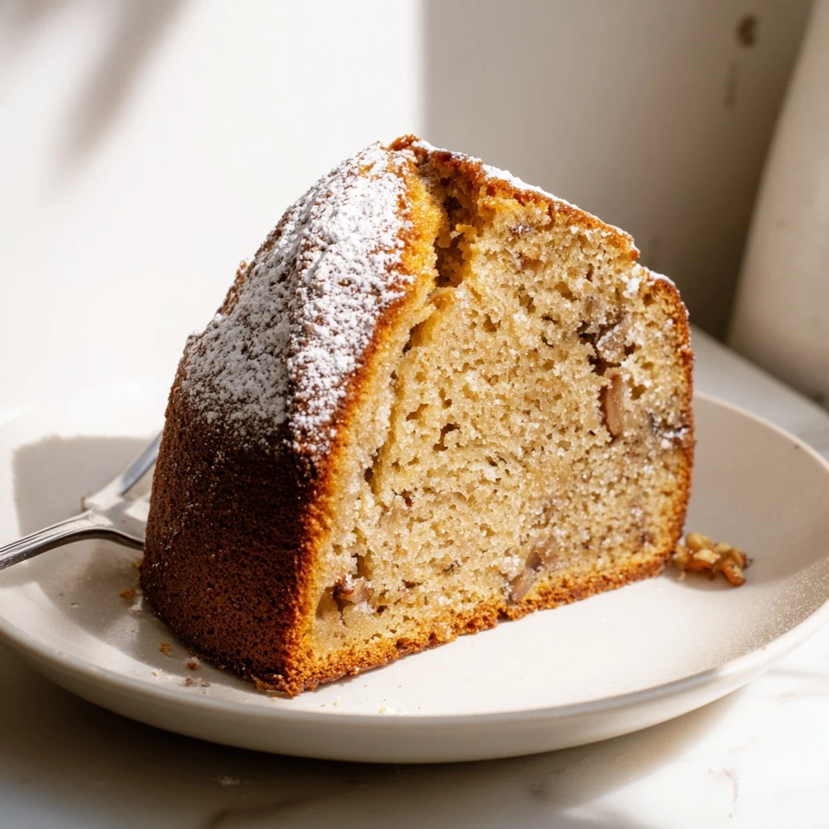 Warm banana cake fresh from the oven garnished with chopped walnuts and cinnamon