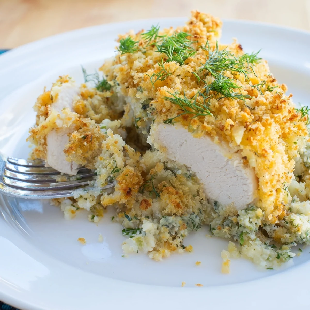 Golden crispy Chicken Kiev Casserole bubbling with garlic herb butter sauce in a baking dish