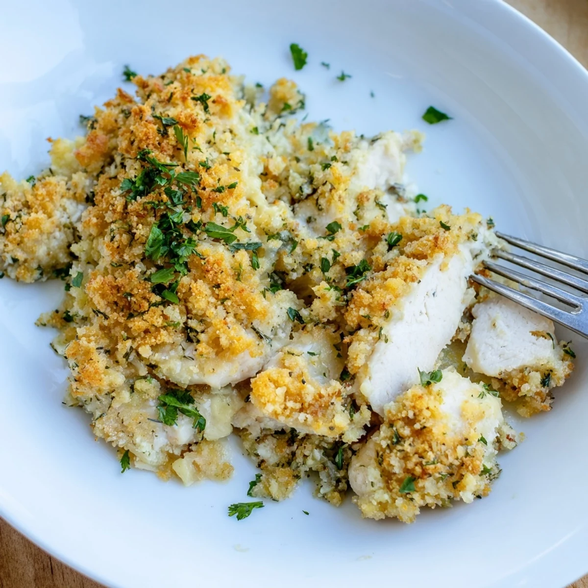 Creamy Chicken Kiev Casserole topped with toasted panko breadcrumbs and fresh parsley garnish