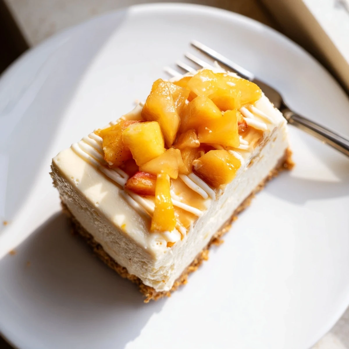 Creamy Peaches and Cream Cheesecake Bars sliced on a rustic summer dessert board