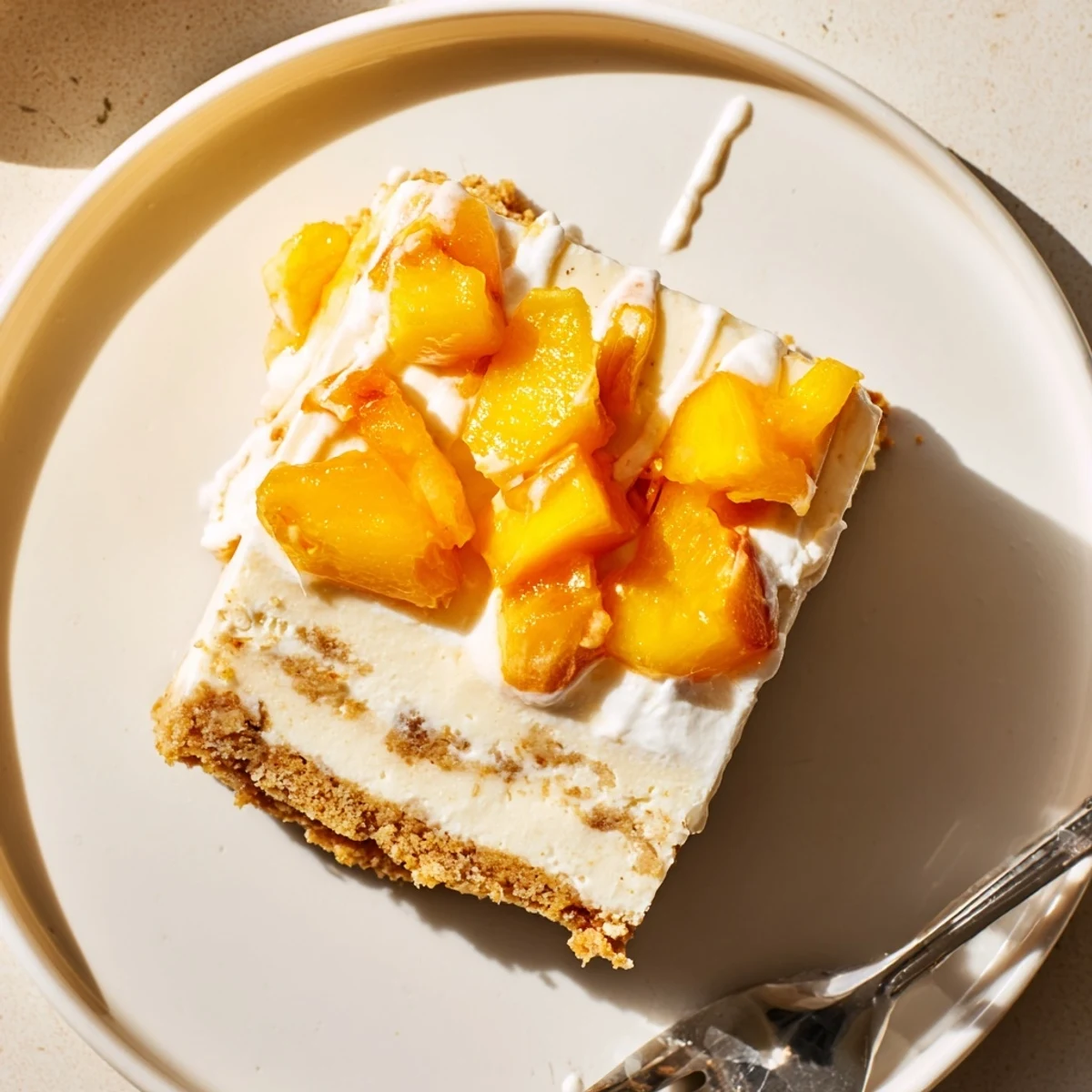 Juicy peach-topped Peaches and Cream Cheesecake Bars drizzled with sweet vanilla cream
