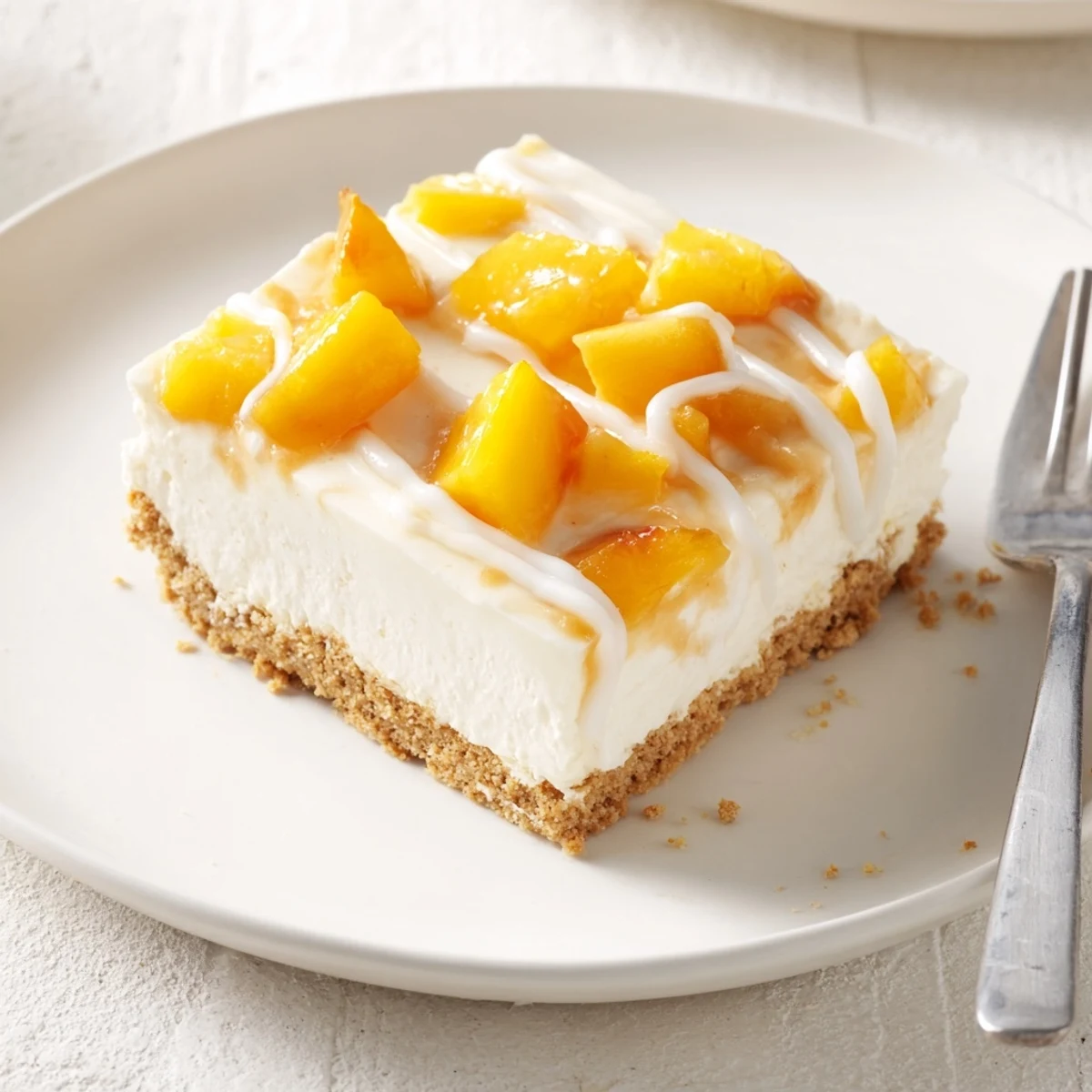 Golden graham crust beneath luscious Peaches and Cream Cheesecake Bars with whipped cream