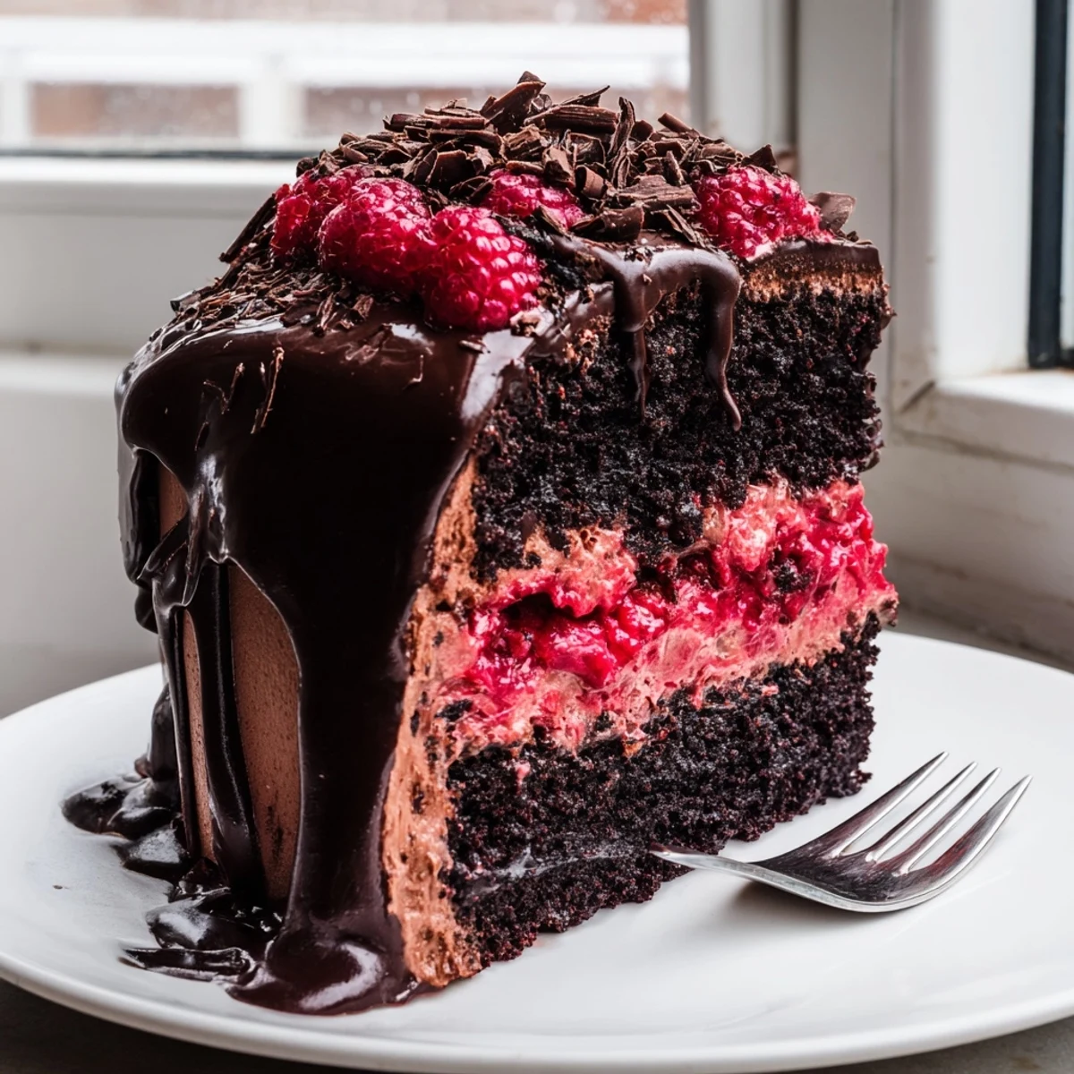Heavenly Raspberry Chocolate Mousse Cake sliced to reveal silky mousse and vibrant berry layers