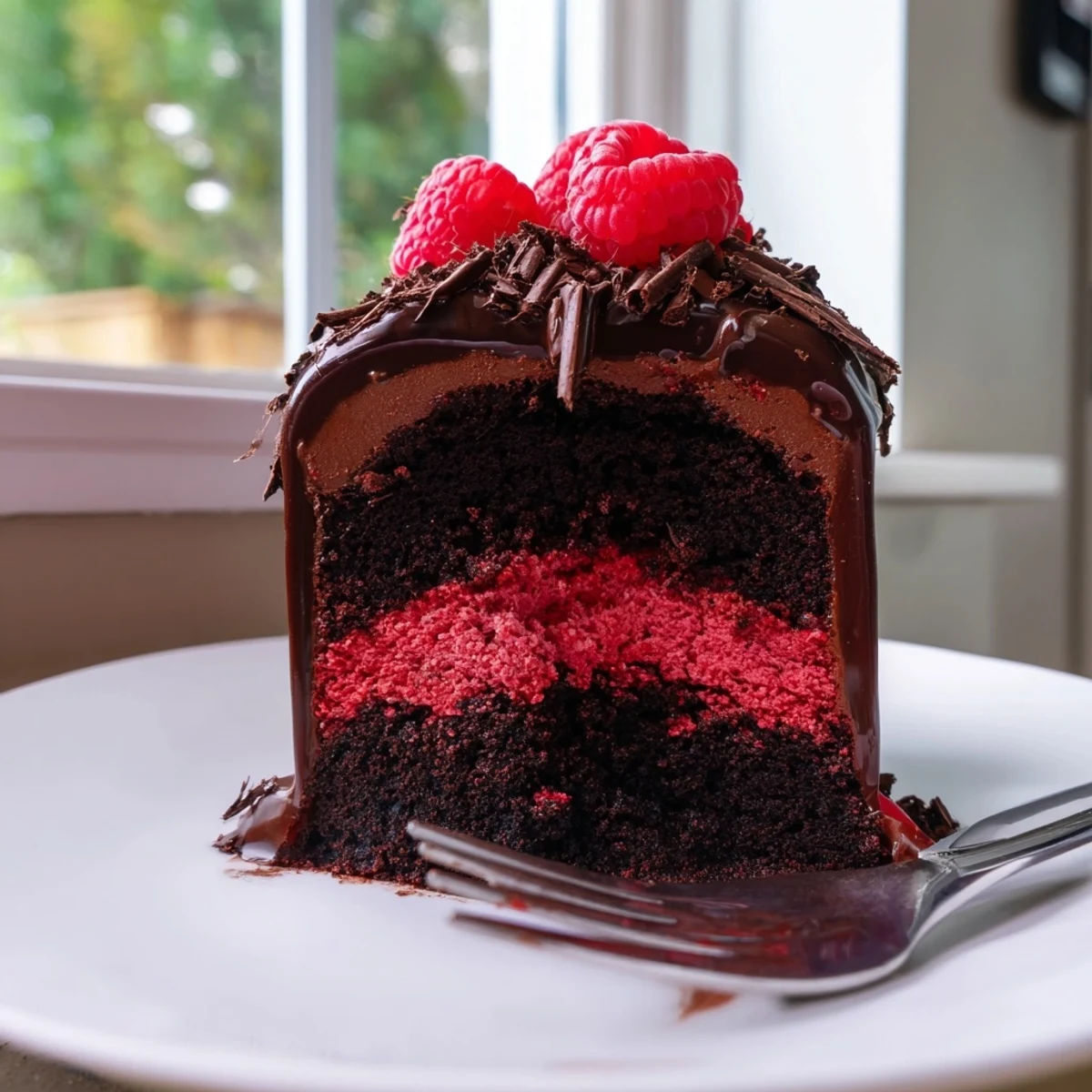 Heavenly Raspberry Chocolate Mousse Cake resting on a cake stand draped in dark chocolate shavings