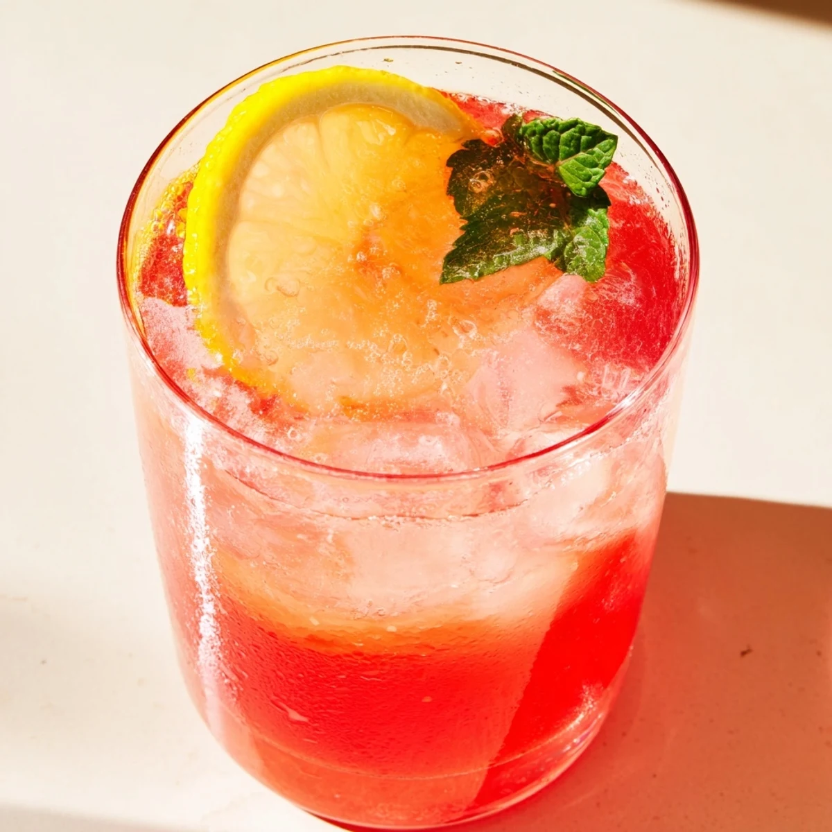 A tall glass of honey lemon pink soda garnished with a fresh lemon wheel and mint leaves on a sunny patio table