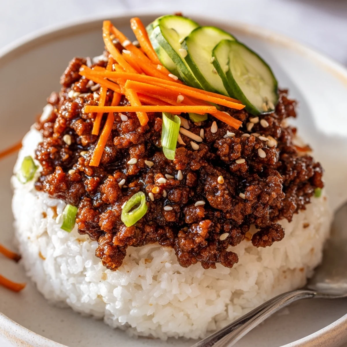A Korean ground beef bowl glistening with savory sesame sauce over fluffy white rice