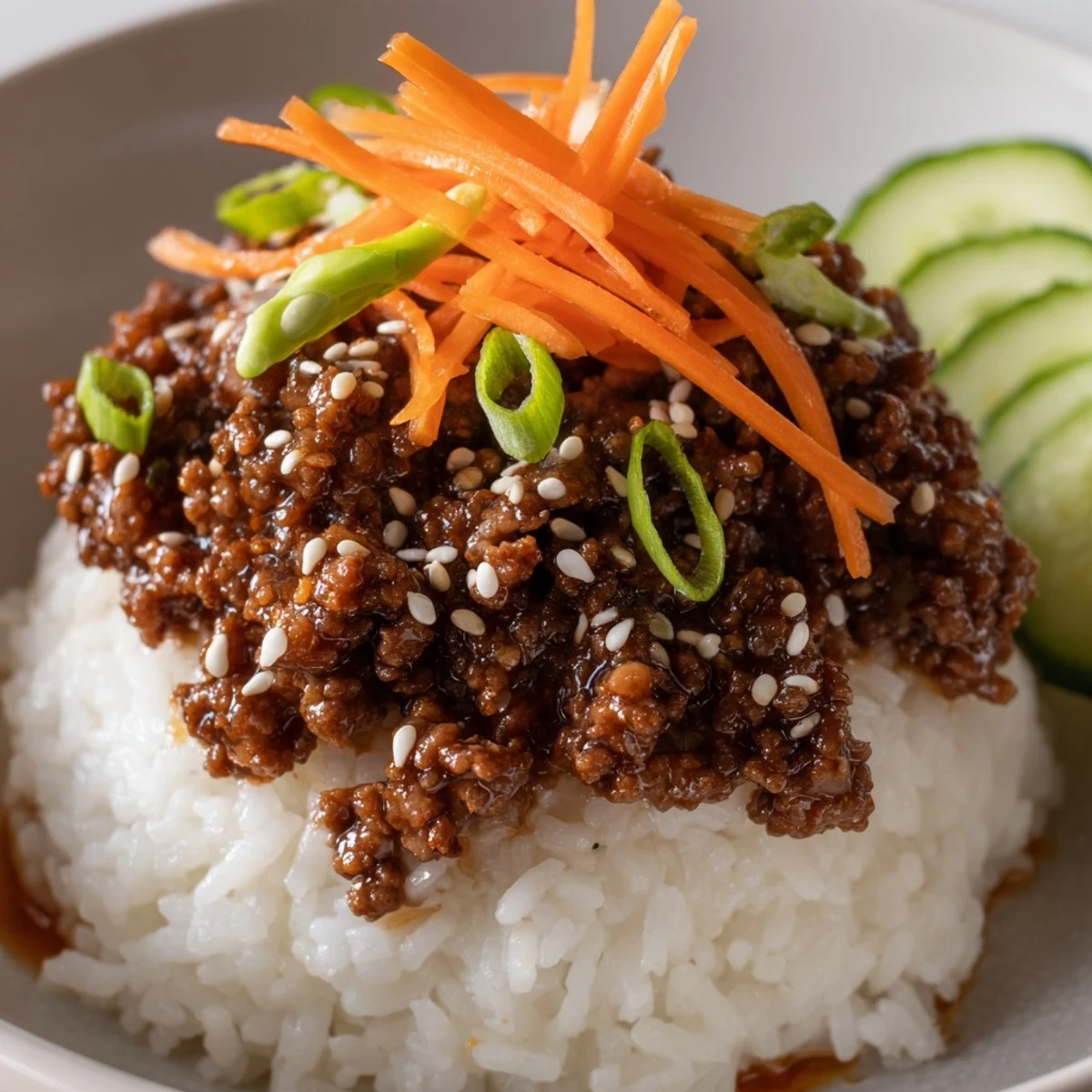 Korean ground beef bowl topped with crisp julienned carrots cucumber and sesame seeds