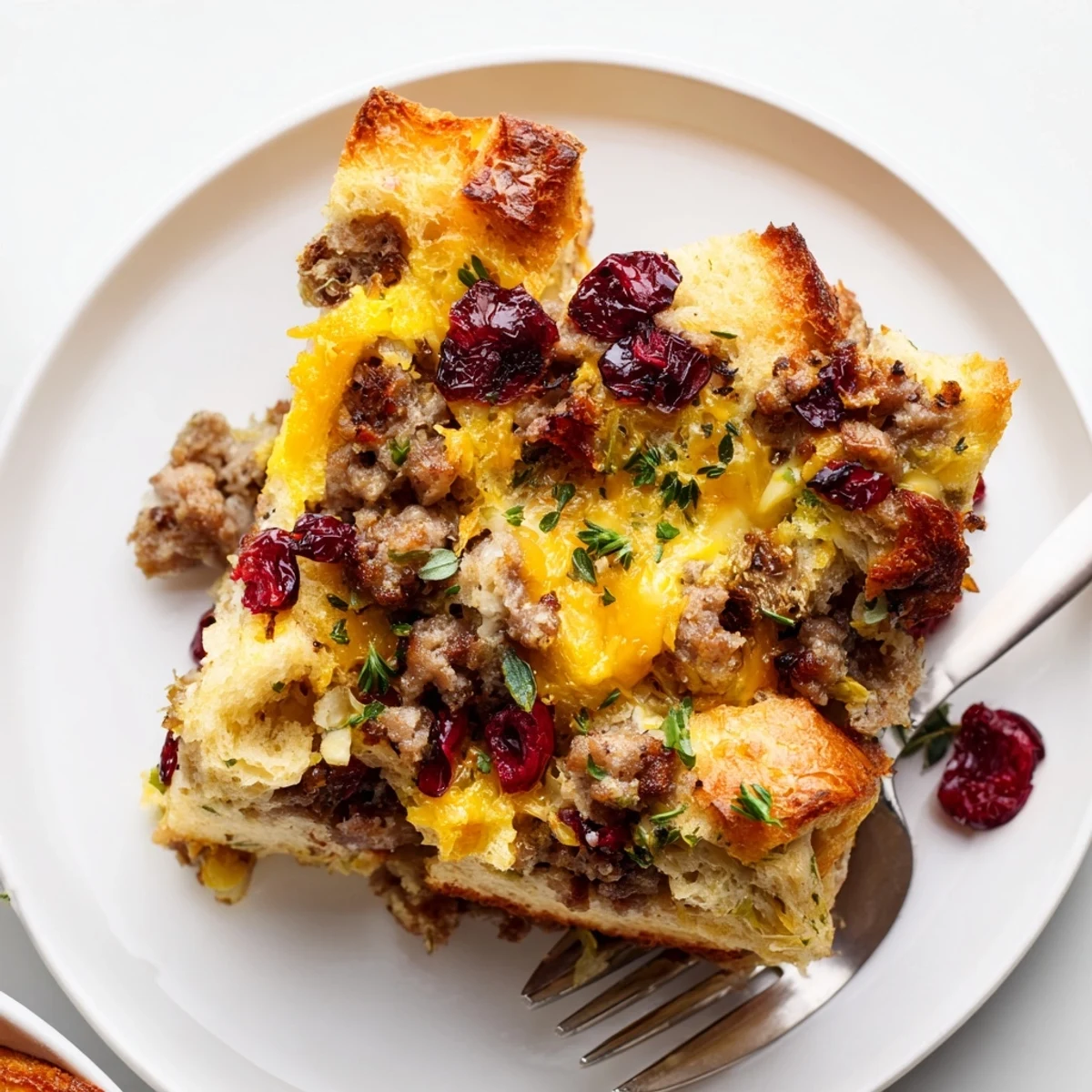 Golden cranberry sausage stuffing breakfast casserole fresh from the oven with bubbling cheese