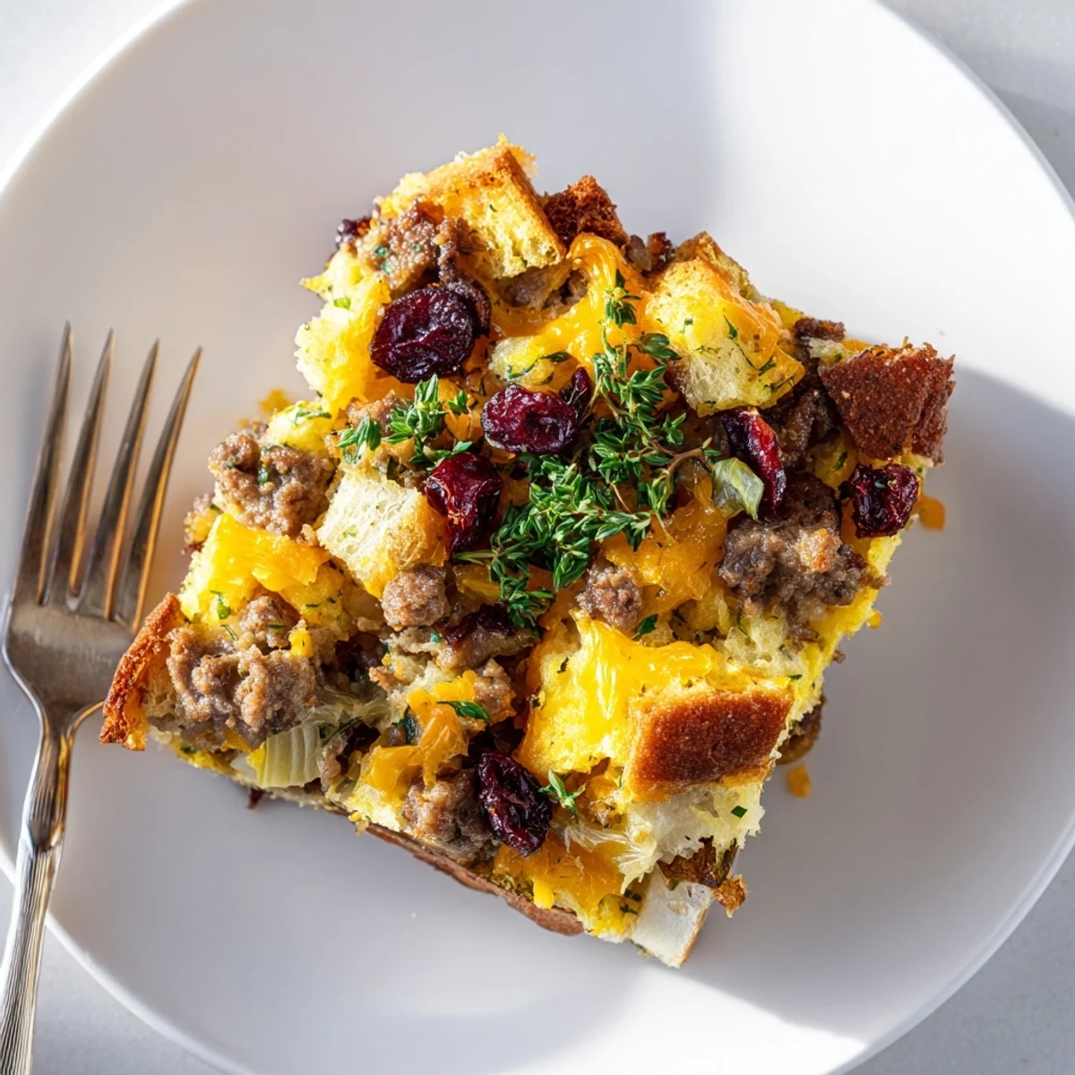 Steaming slice of cranberry sausage stuffing breakfast casserole on a festive brunch plate