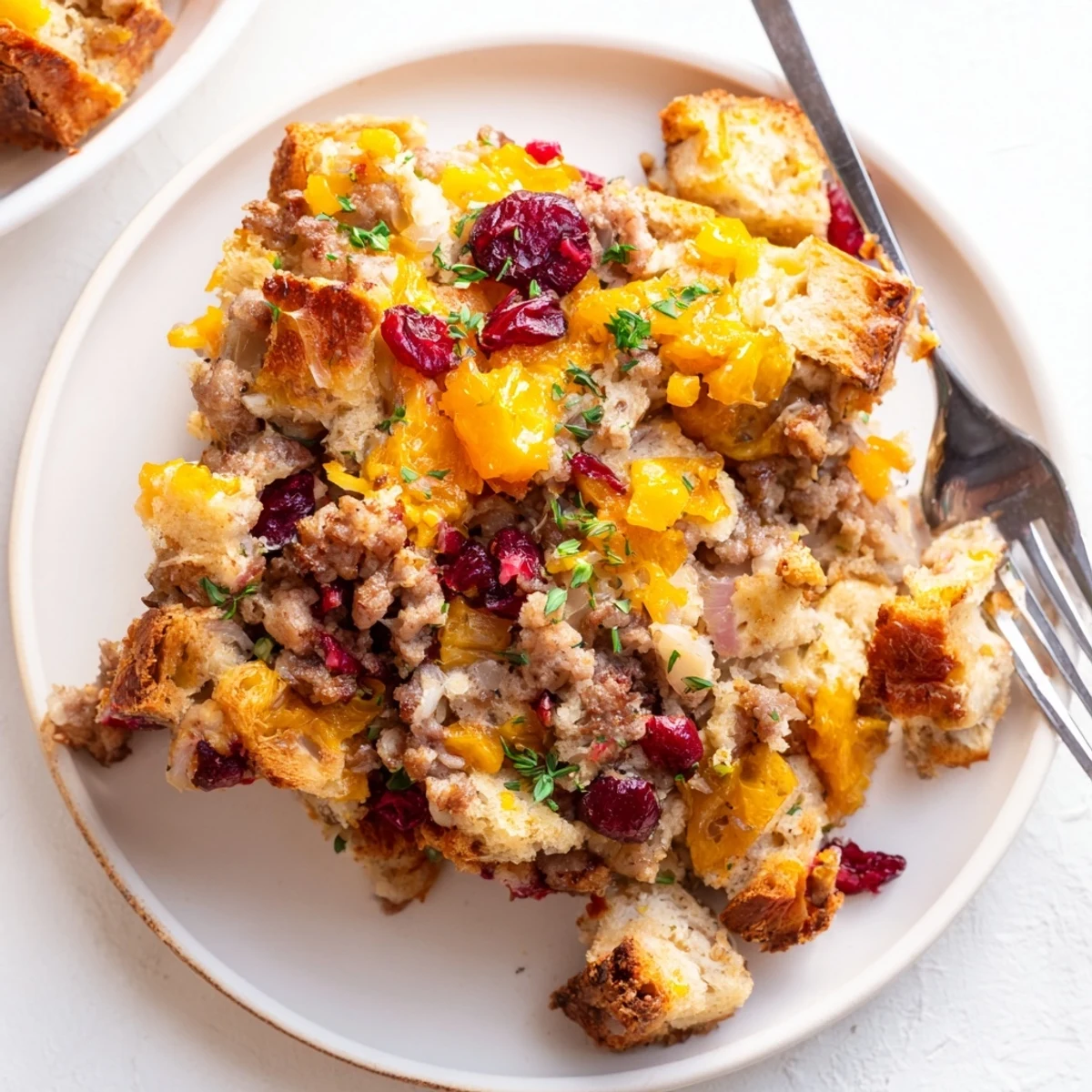 Creamy cranberry sausage stuffing breakfast casserole topped with herbs in a baking dish