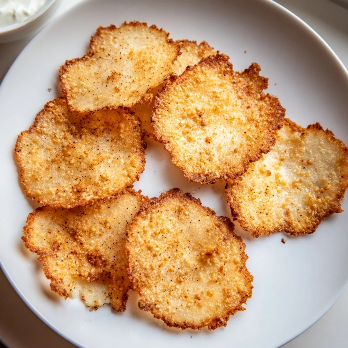 Golden cottage cheese chips arranged on parchment, crisp edges and savory seasoning visible.