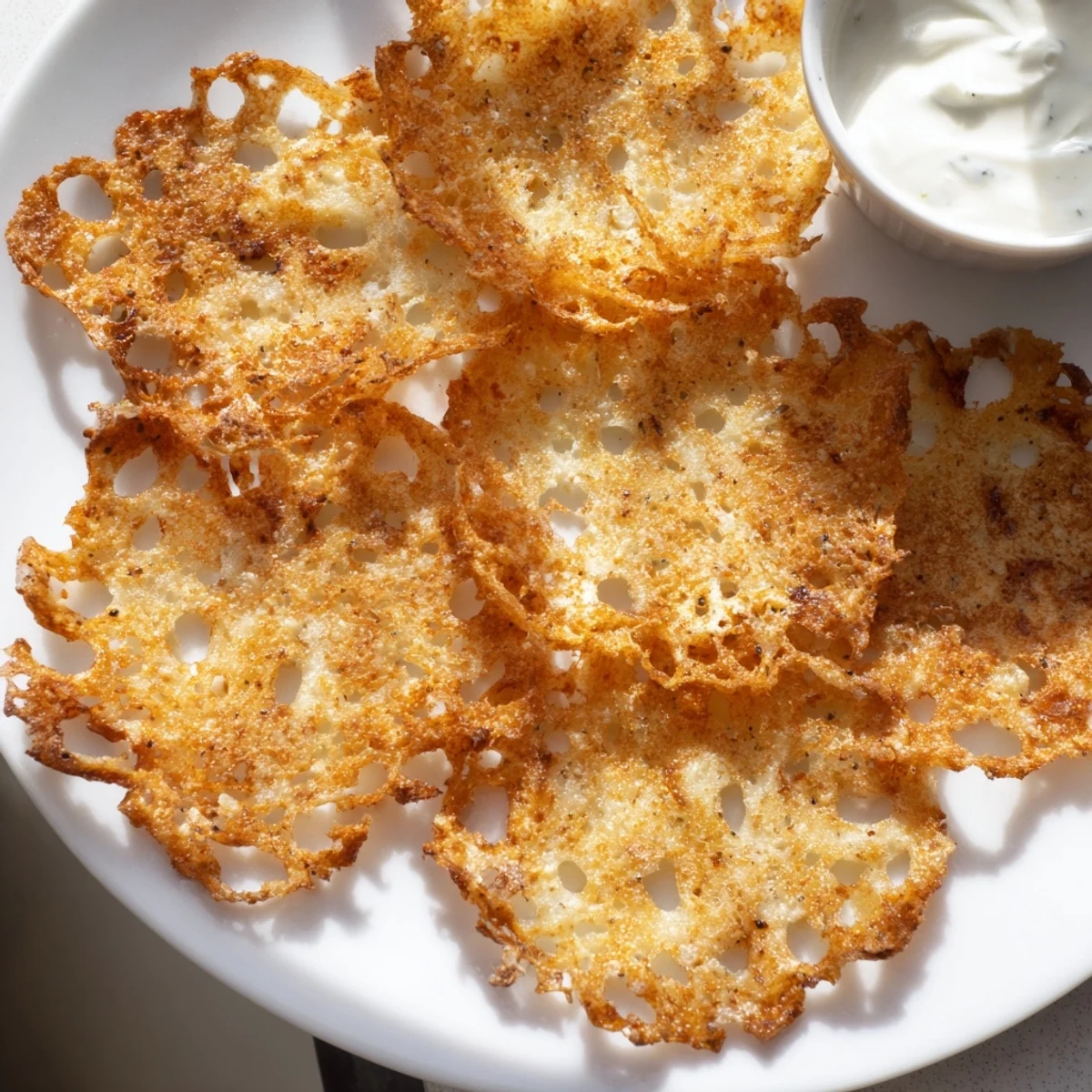 Crispy cottage cheese chips on a rustic tray beside a cool yogurt dip.