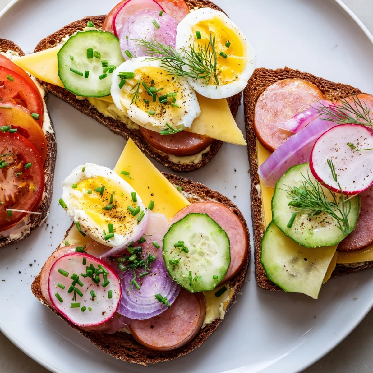 Open-faced Polish sandwiches with kielbasa, fresh veggies, and herbs on rye bread