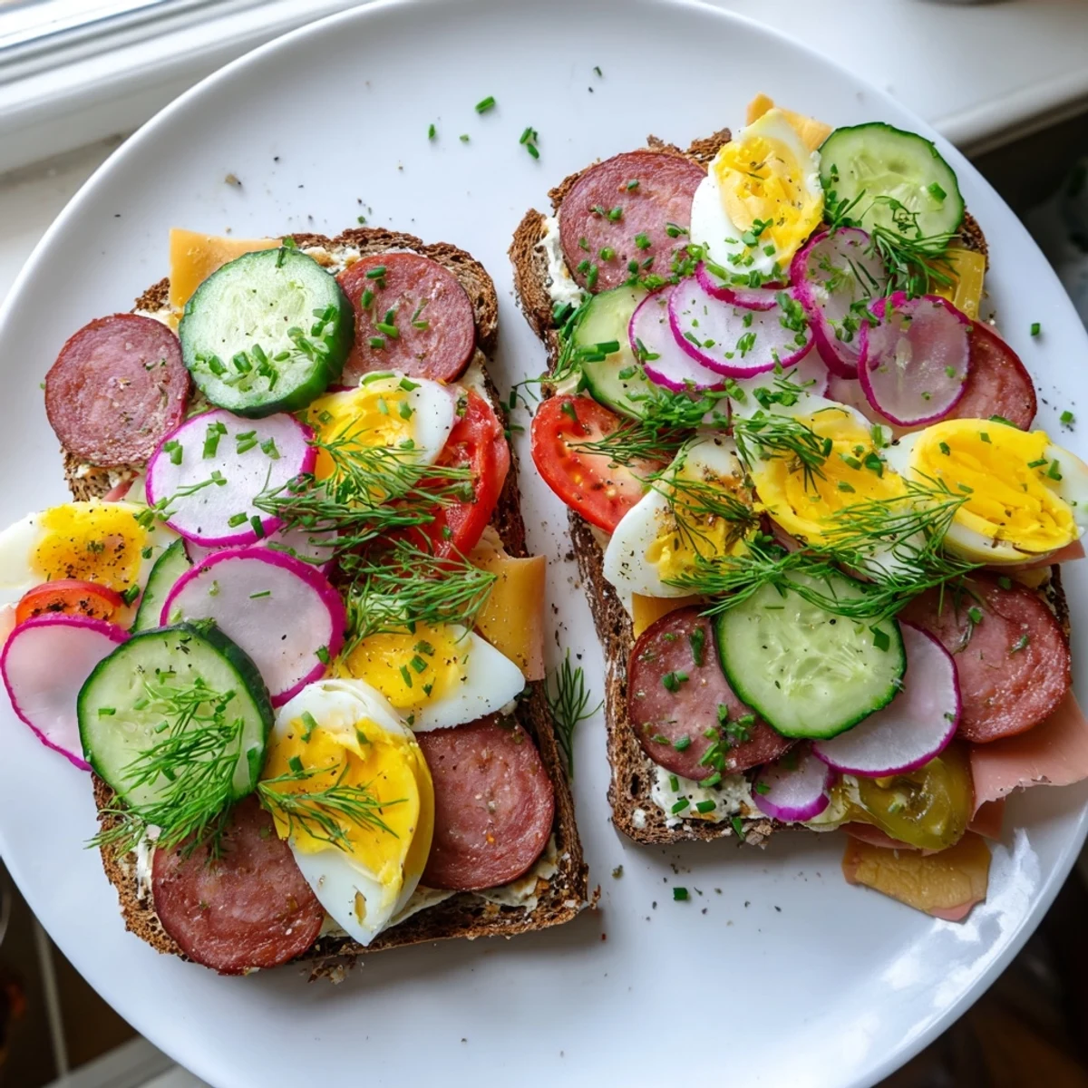 Colorful kanapki topped with sliced egg, tomato, cucumber, and dill on buttered rye