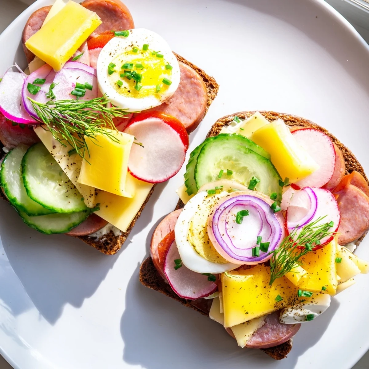 Crisp open-faced Polish sandwiches arranged on a platter with cheese, radish, and chives