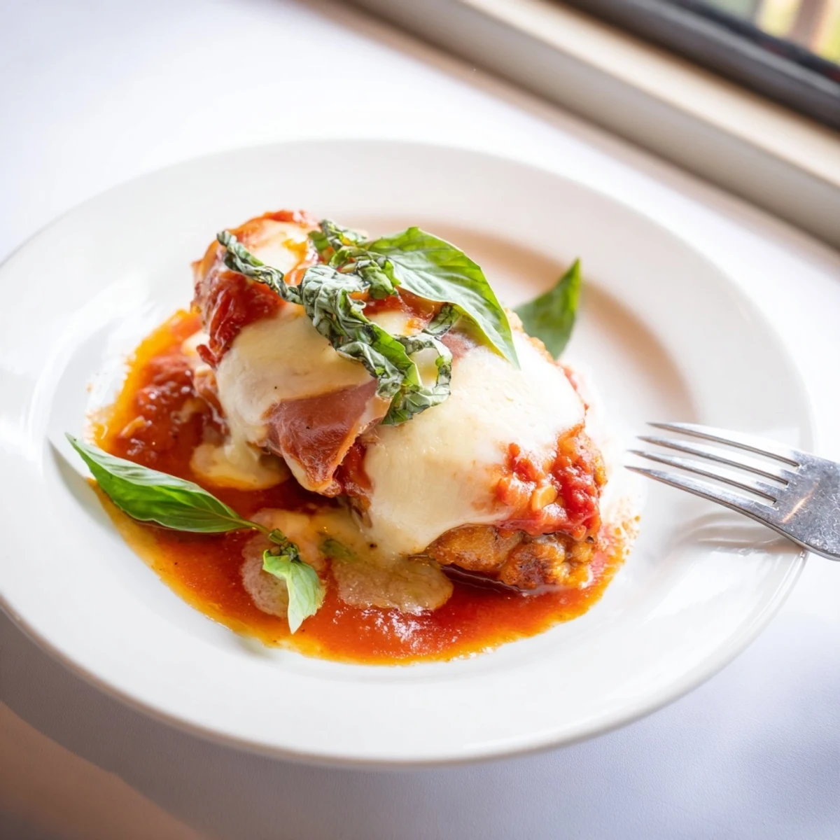 Creamy chicken Valdostana with bubbly cheese and prosciutto served over a light tomato sauce