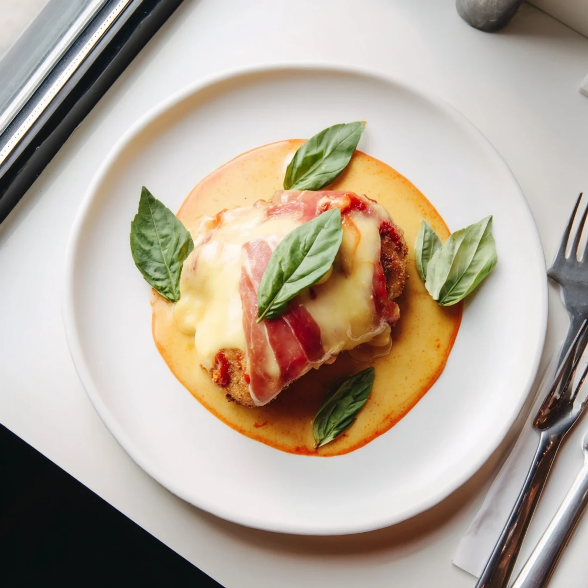 Golden chicken Valdostana topped with melted Fontina and crispy prosciutto in rustic tomato sauce