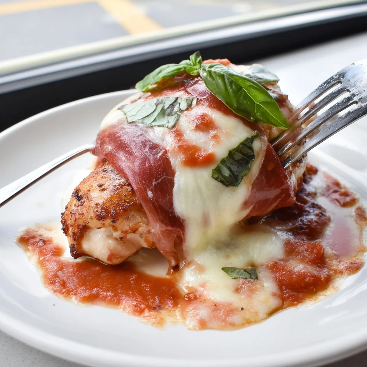 Breaded chicken Valdostana draped in melted cheese and prosciutto fresh from the oven