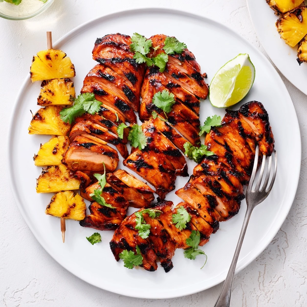 Juicy Chili Pineapple Grilled Chicken with caramelized edges and fresh lime wedges on a rustic platter