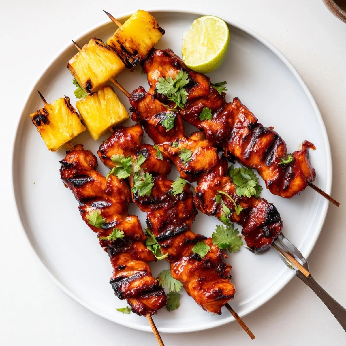 Charred Chili Pineapple Grilled Chicken breasts glazed in sweet and spicy marinade alongside golden pineapple skewers
