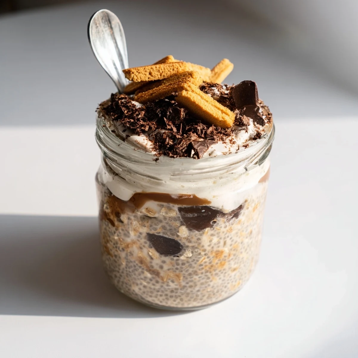 Creamy tiramisu overnight oats layered with mascarpone and topped with cocoa dusting