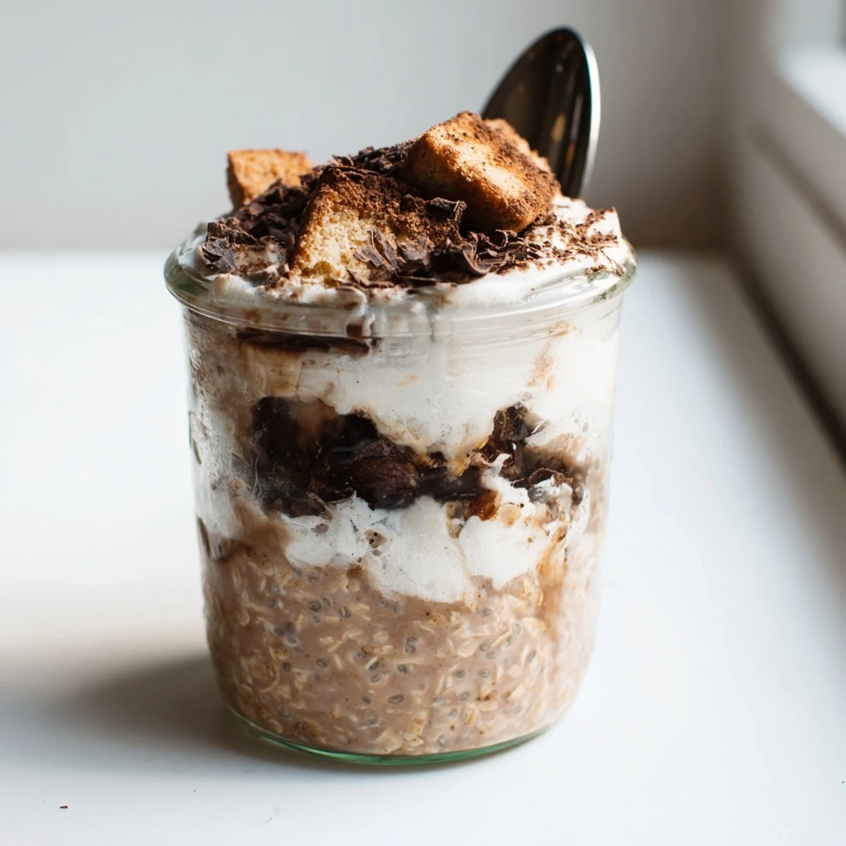 Tiramisu overnight oats in glass jars with rich coffee-infused oat and mascarpone layers