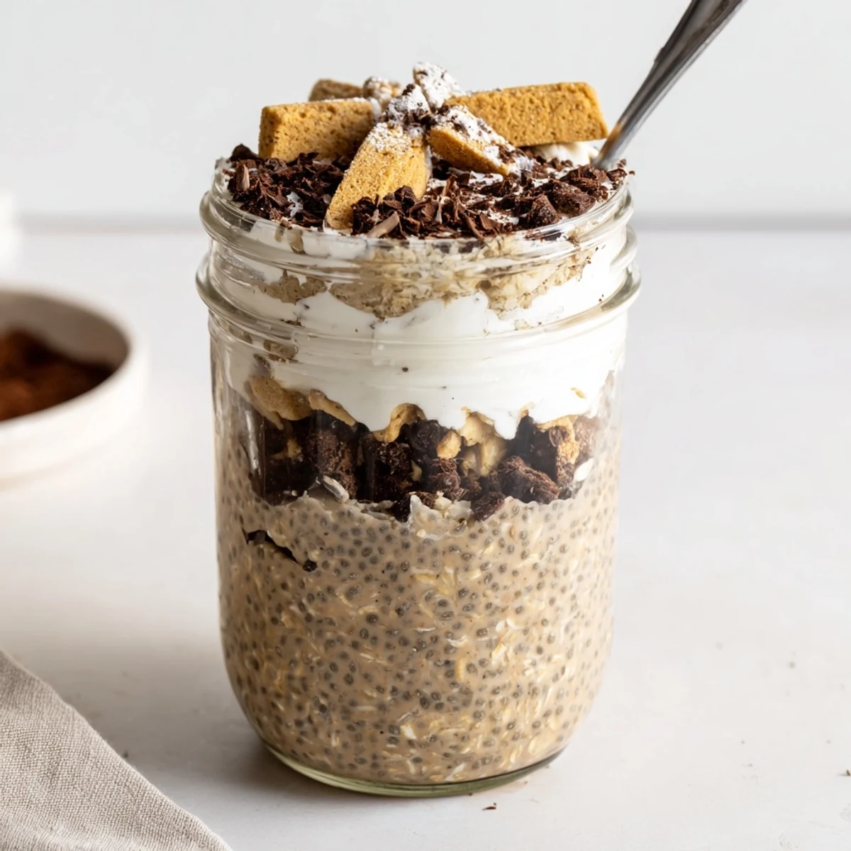 Velvety tiramisu overnight oats garnished with dark chocolate shavings and a cocoa powder finish