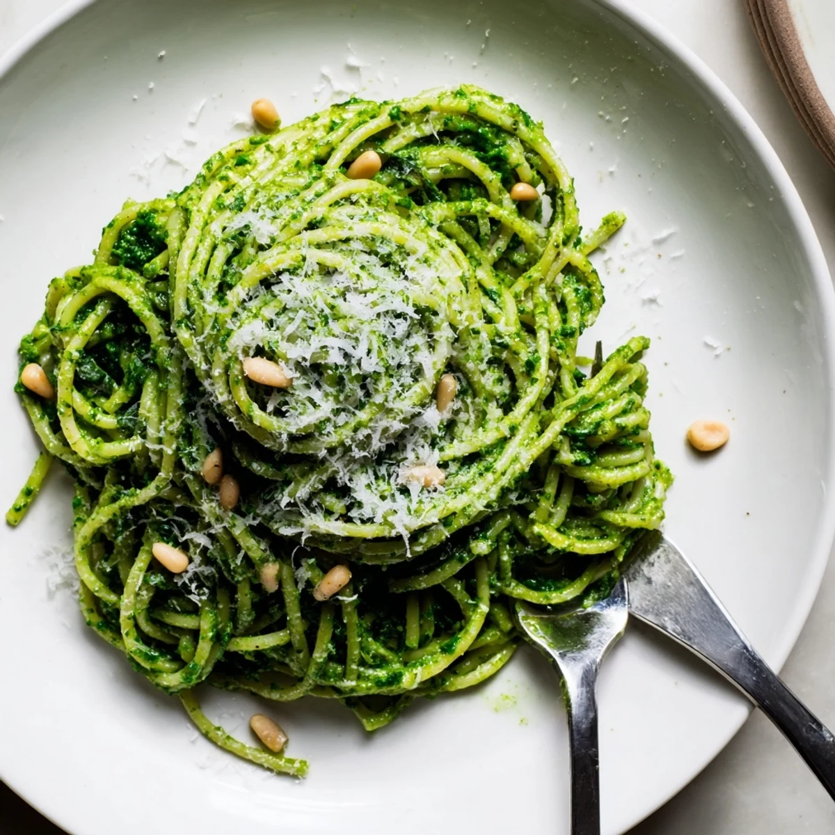 A steaming bowl of wild garlic pesto pasta coated in bright green herb sauce