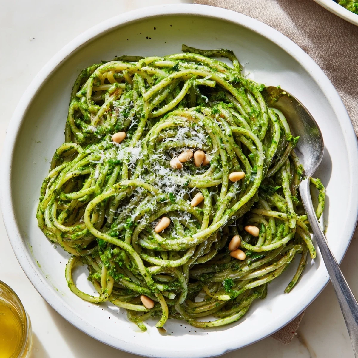 Creamy wild garlic pesto pasta served in a white bowl with fresh cracked pepper