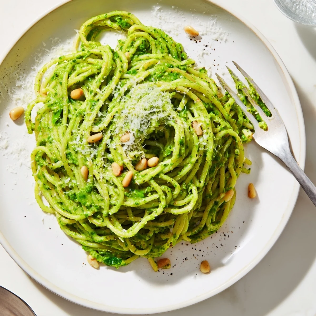 Wild garlic pesto pasta twirled on a fork with scattered pine nuts and Parmesan